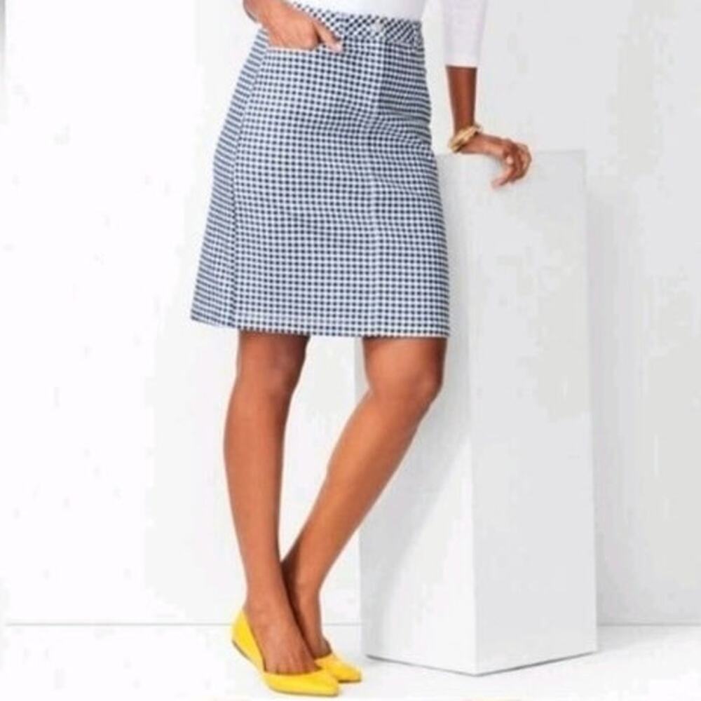 Talbots Women 4 Blue/ White Gingham Plaid A-line Knee Length Stretch Skirt NEW!
